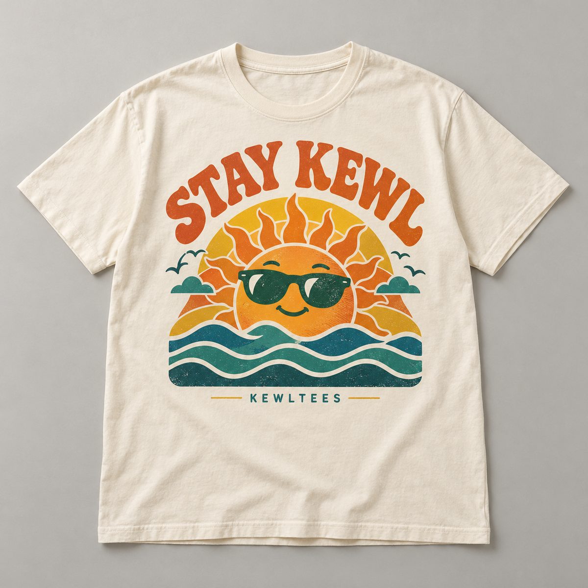 Stay Kewl tee: a smiling sun in sunglasses over teal waves